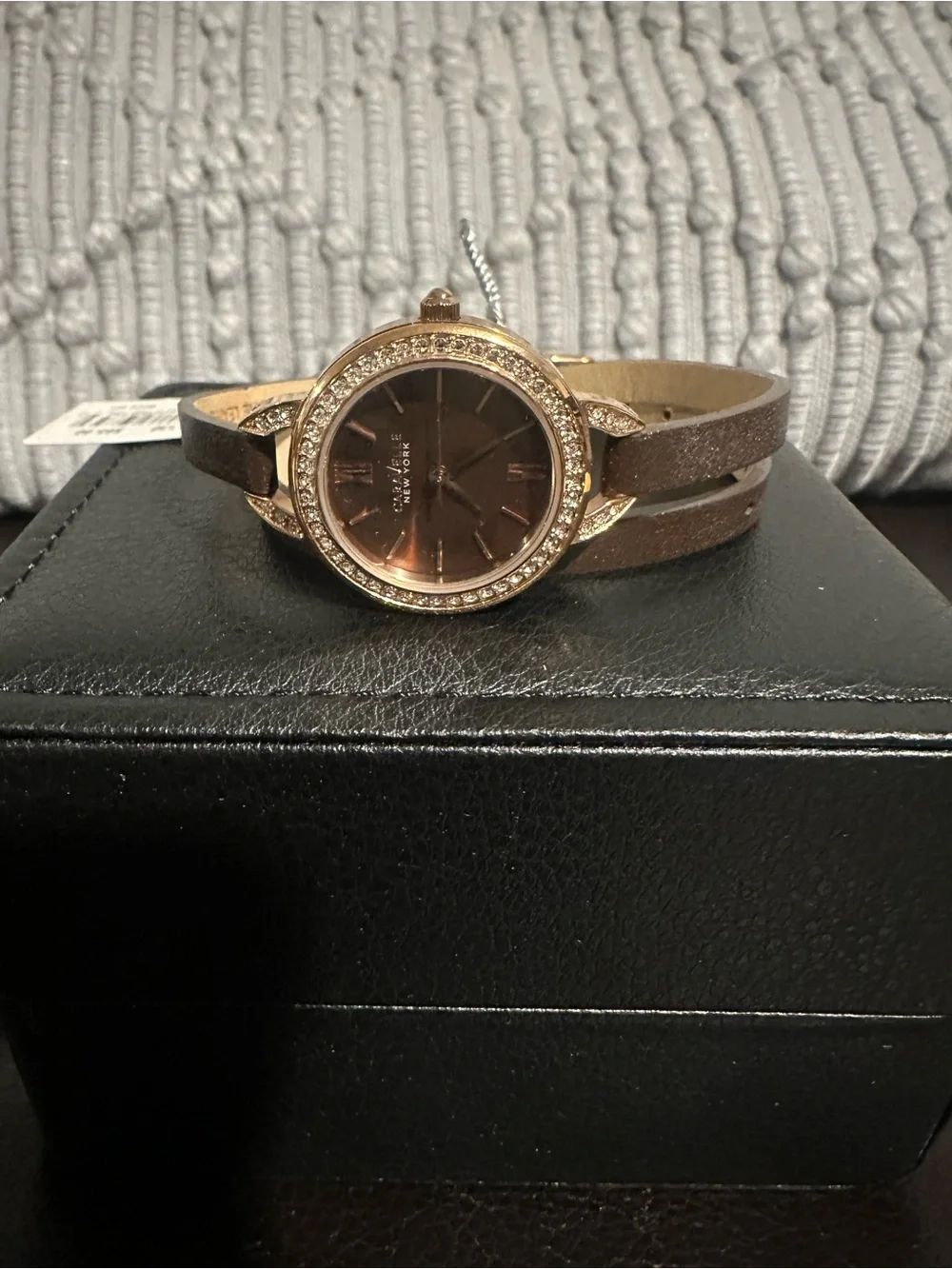 Caravelle New York Women's Brown Leather Double-Wrap Watch with Crystal Accents